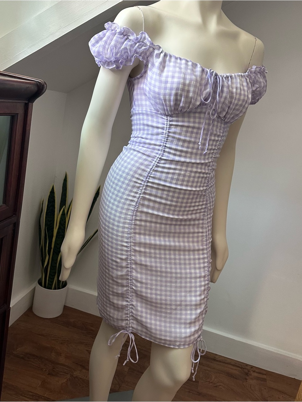 🫖🧺 Cotton Candy LA // Lavender Gingham Off-Shoulder Ruched Bodycon Dress